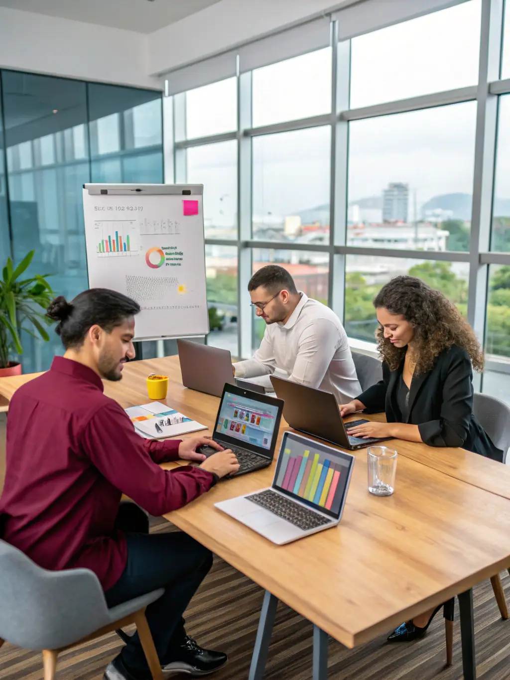 A professional photo of a team brainstorming SEO strategies in a modern office setting, reflecting Big Apple SEO Pros' collaborative approach.