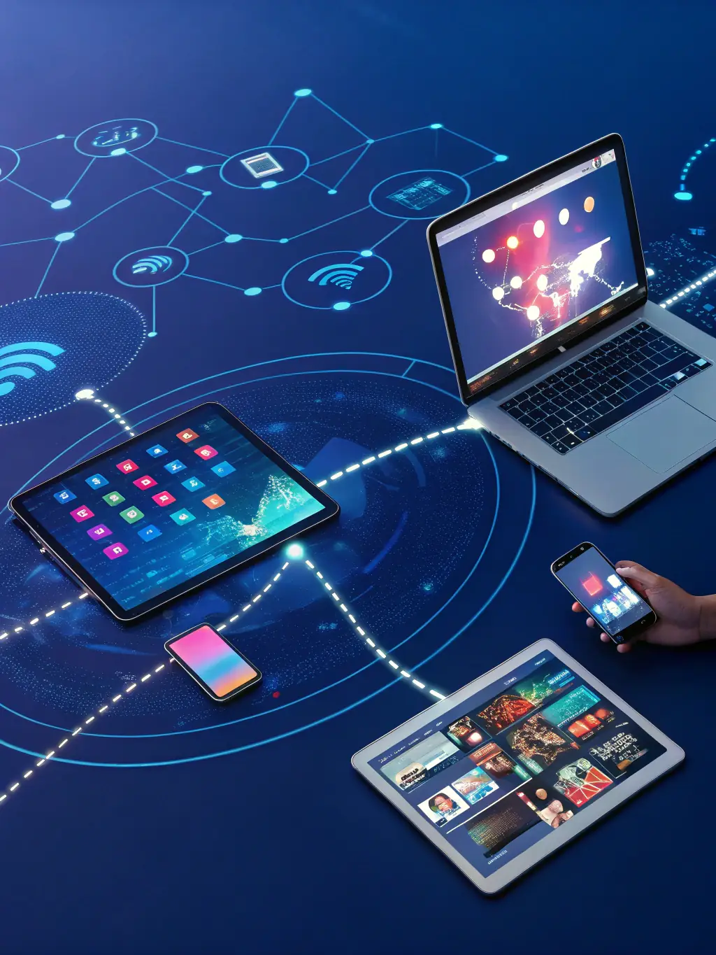 A visually appealing graphic illustrating content creation and distribution across various digital platforms, representing Big Apple SEO Pros' content marketing expertise.